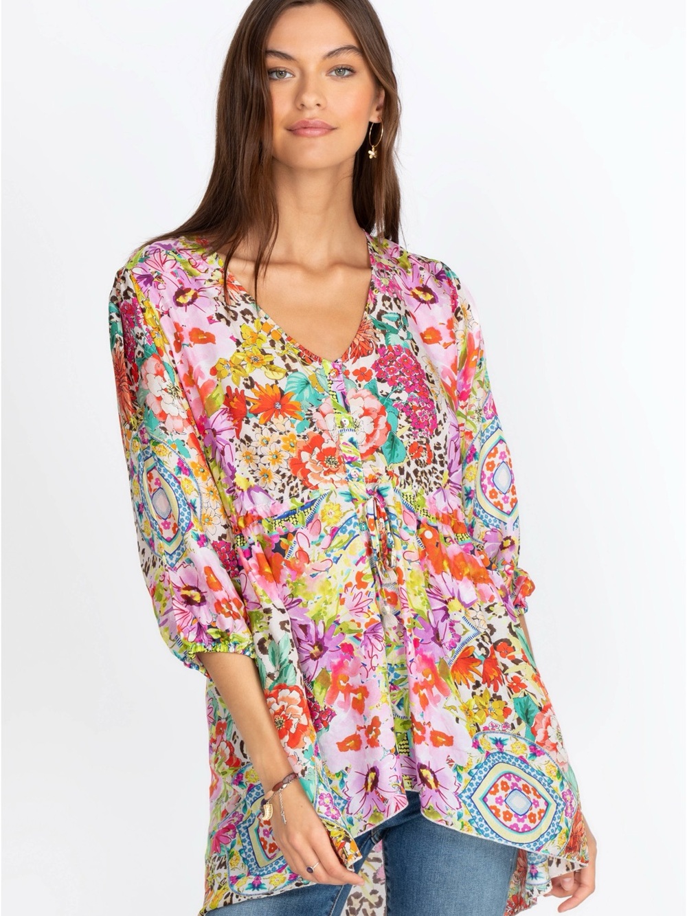 Johnny Was 100% Silk Wild Garden Anora Tunic Floral Blouse Women’s size Medium